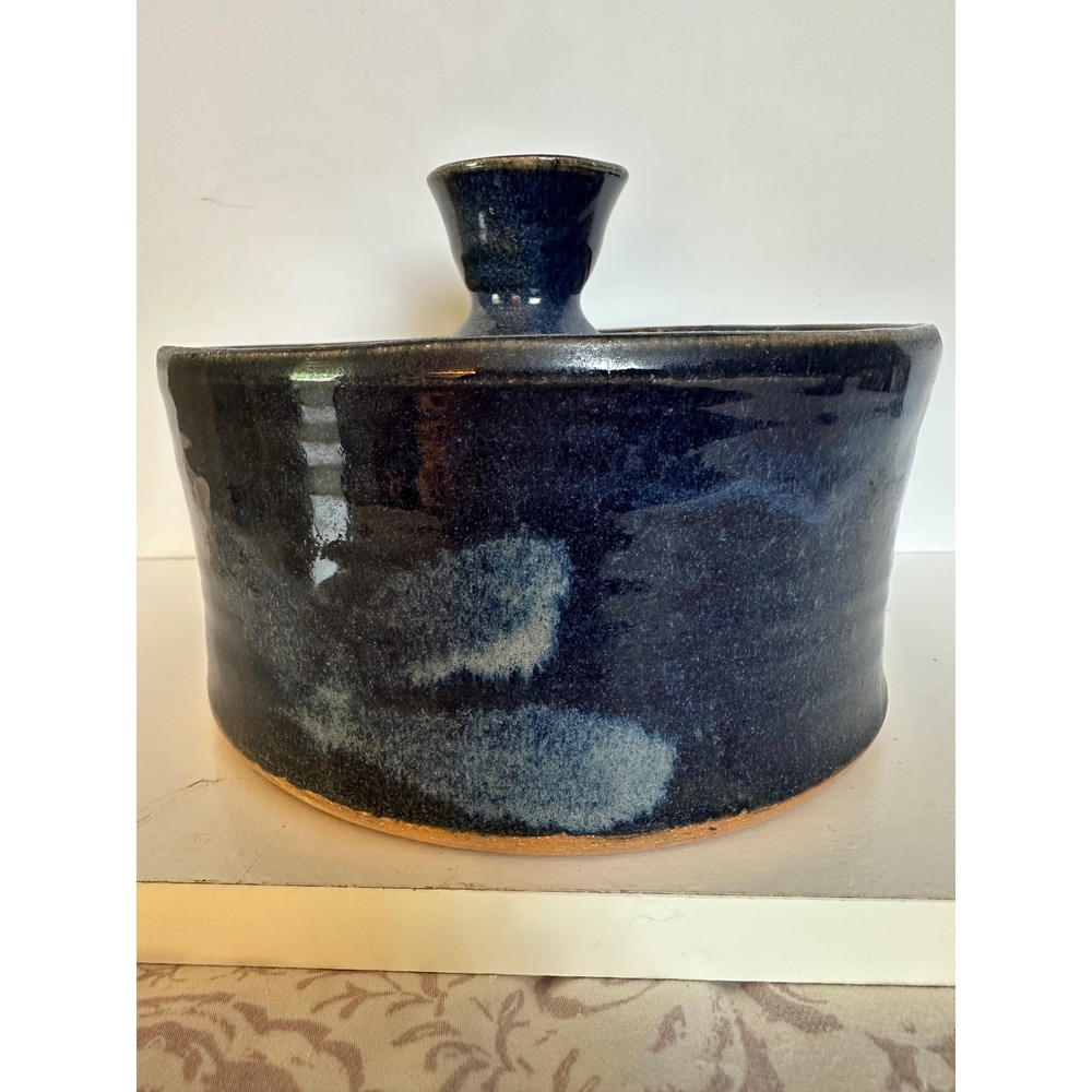 Vintage Studio Pottery Lidded Crock Midnight Blue Glaze Stoneware Casserole Dish